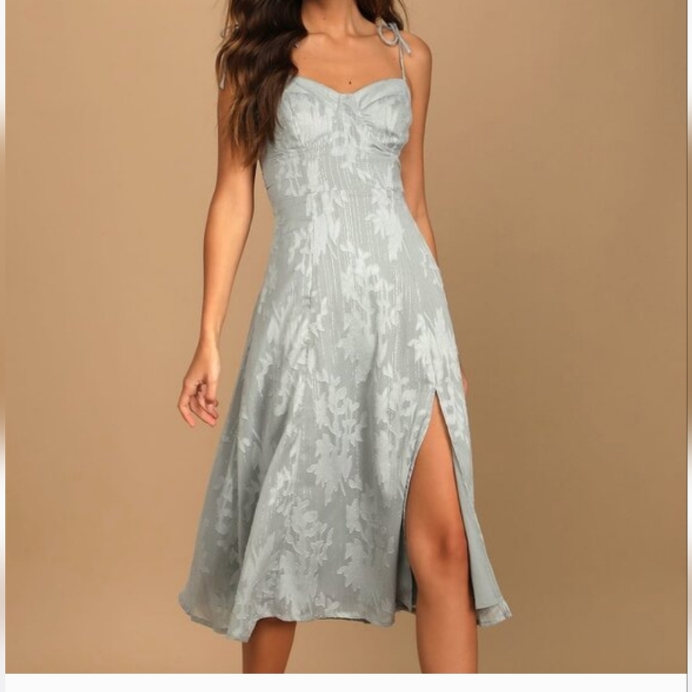 Lulu's Dusty Blue Floral Jacquard Tie-Strap Midi Dress